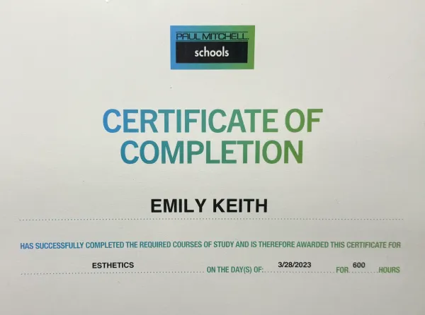 Paul Mitchell esthetics certificate of completion for Emily Keith